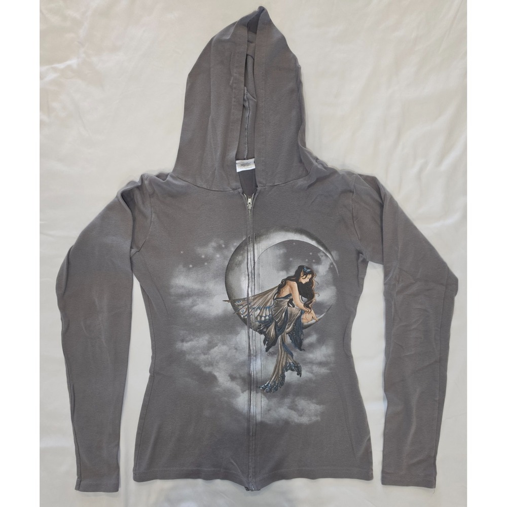Bay Island Women's L Fitted Fairy Moon Zip Hoodie Gray Whimsigoth Y2K Fairycore